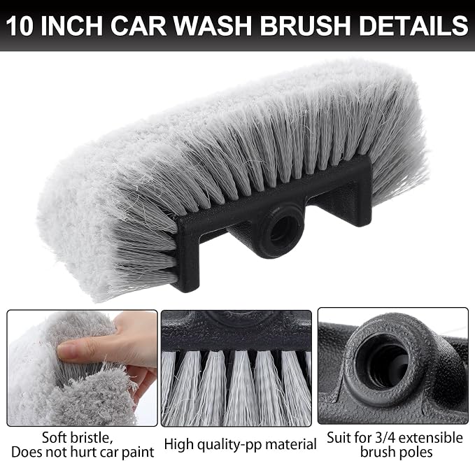 Vesici 4 Pcs Car Wash Brush Head with Soft Detailing Bristle Flow Thru Car Cleaning Brush Exterior Cars Wash Equipment for Auto Truck RV Boat Camper Washing, 10 Inch (Grey)