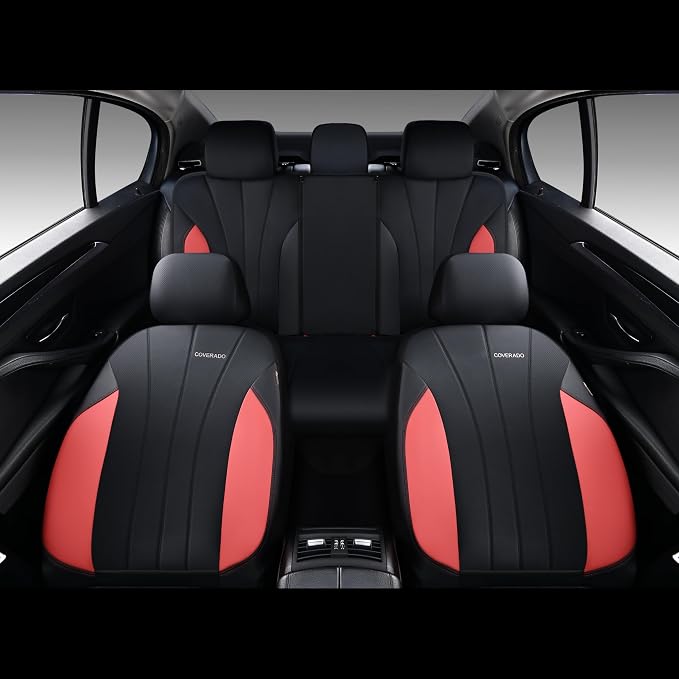 Coverado Car Seat Covers Full Set, 5 Seats Waterproof Nappa Leather Automotive Seat Protectors, Front & Rear Luxury Mesh Seat Covers,All-Weather Universal Fit for Most Cars SUVs, Trucks,Black&Red