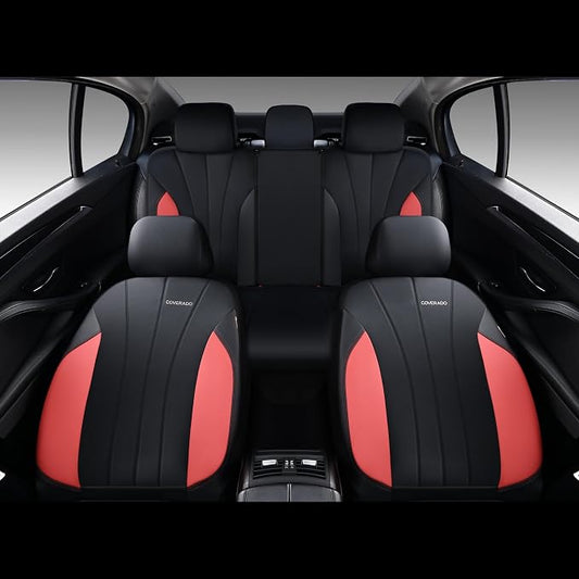 Coverado Car Seat Covers Full Set, 5 Seats Waterproof Nappa Leather Automotive Seat Protectors, Front & Rear Luxury Mesh Seat Covers,All-Weather Universal Fit for Most Cars SUVs, Trucks,Black&Red