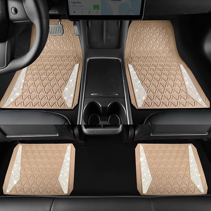 CAR PASS Bling Diamond Car Mats Rubber Floor Mats Full Set Anti-Slip 3D Rhombus Waterproof Trim to Fit Liner Universal Glitter Crystal Sparkly Shining Rhinestone Girl Women SUV Sedan Van, Beige Rubber
