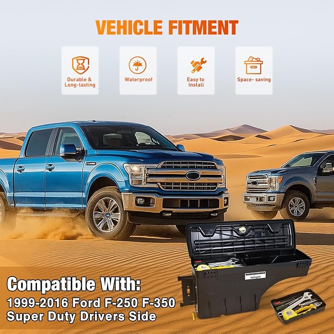 Nilight Truck Bed Tool Box Left Drivers Side Tool Boxes Fit for Ford F-250/350 Super Duty 1999-2016 ABS Swing Case Truck Storage Box with Lockable Lid Waterproof Wheel Well Toolbox for Truck Bed