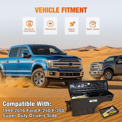Nilight Truck Bed Tool Box Left Drivers Side Tool Boxes Fit for Ford F-250/350 Super Duty 1999-2016 ABS Swing Case Truck Storage Box with Lockable Lid Waterproof Wheel Well Toolbox for Truck Bed