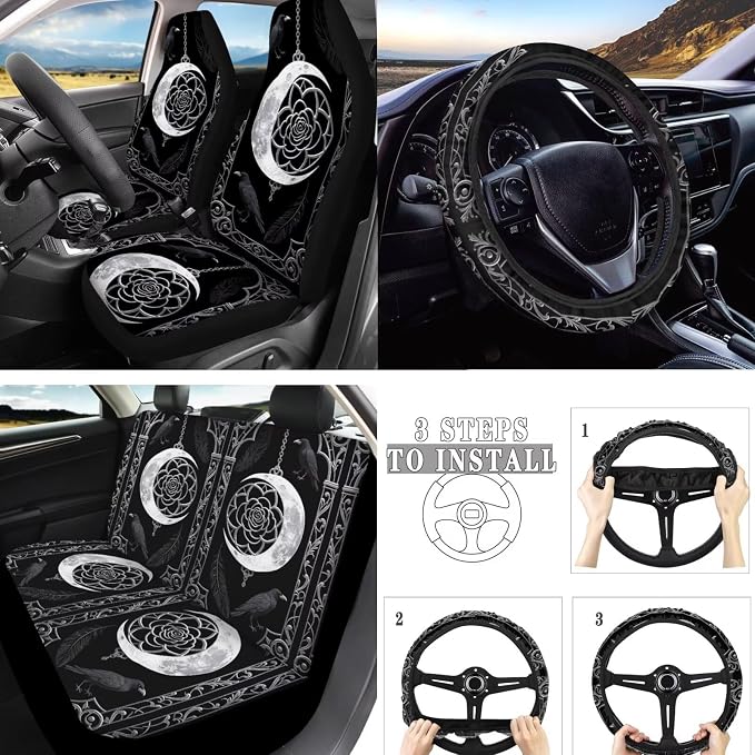 Raven Car Seat Cover Set of 10, Gothic Moon Dream Catcher Crow Rear Front Seat Protector Car Interior Cover, Halloween Crow Black Elastic Safety Belt Coaster Keychain