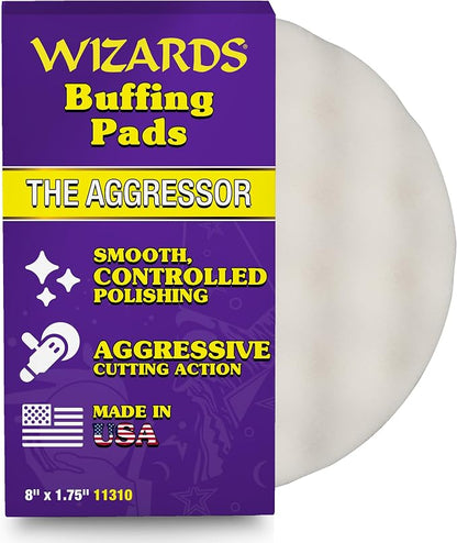 Wizards Aggressor Buffing Pad - Aggressive Cutting Action - Cuts with No Burns - Works with All Kinds of Compounds - Easy to Attach and Velcro Backed Buffing Pad - 8" x 1.75"