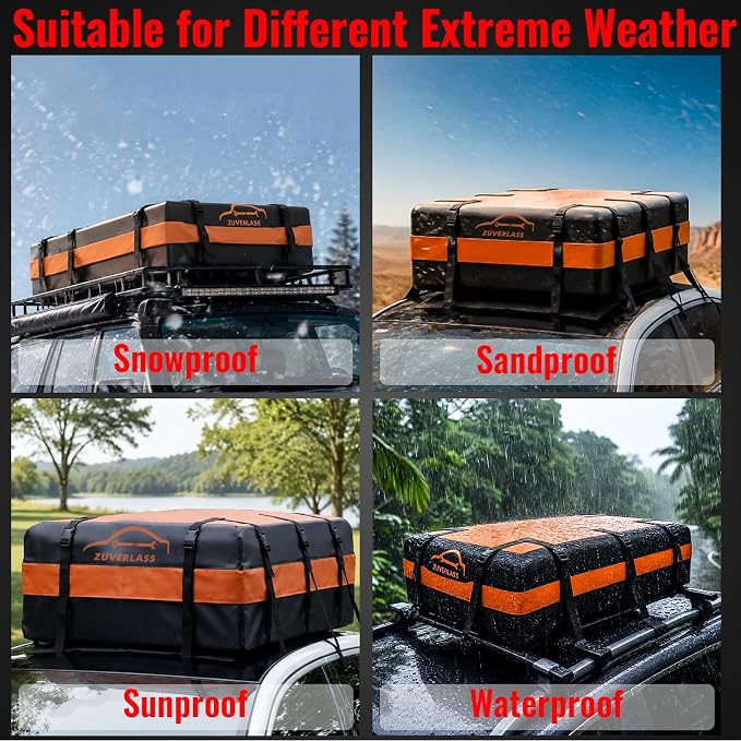 21 Cubic Feet Car Roof Cargo Carrier Bag, Waterproof Rooftop Bag for All Vehicle with/Without Racks, Soft Roof Top Storage Box with Anti-Slip Mat, 6 Door Hooks, Luggage Lock, Black Orange