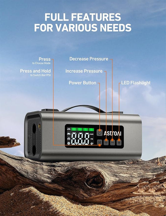AstroAI 2500A Portable Car Battery Jump Starter with 150PSI Air Compressor 30W Quick Charger, 14800mAh Jump Box (7.5L Gas & 5.0L Diesel) 12V Jump Box with Booster, LED Light, Jumper Cables
