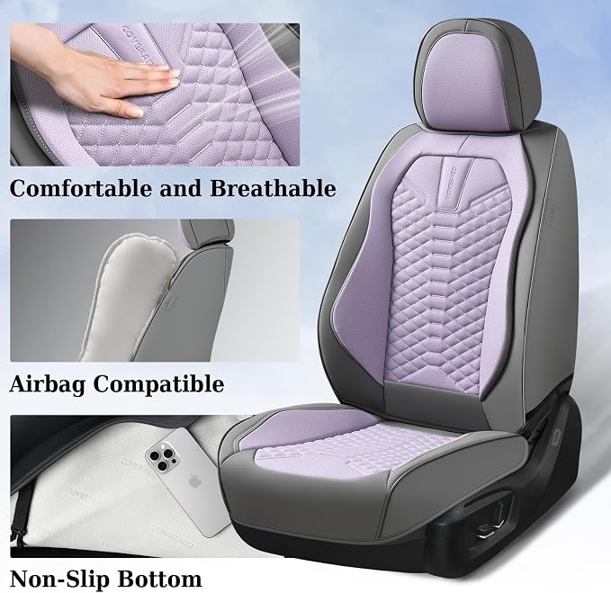 Coverado Car Seat Covers, Front Seat Cover, Waterproof Nappa Leather Seat Covers for Cars, Driver Car Seat Protectors, Gray and Purple Automotive Seat Covers Universal Fit for Most Cars