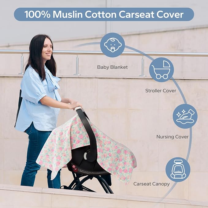 SERAPHY 100% Muslin Cotton Car Seat Cover Baby, 2 Pack Universal Carseat Covers Baby Boy Girl, Breathable Car Seat Canopy, Soft Infant Car Seat Cover for Summer and Winter—2 Pcs Pink&Flowers