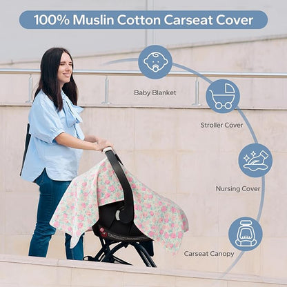 SERAPHY 100% Muslin Cotton Car Seat Cover Baby, 2 Pack Universal Carseat Covers Baby Boy Girl, Breathable Car Seat Canopy, Soft Infant Car Seat Cover for Summer and Winter—2 Pcs Pink&Flowers