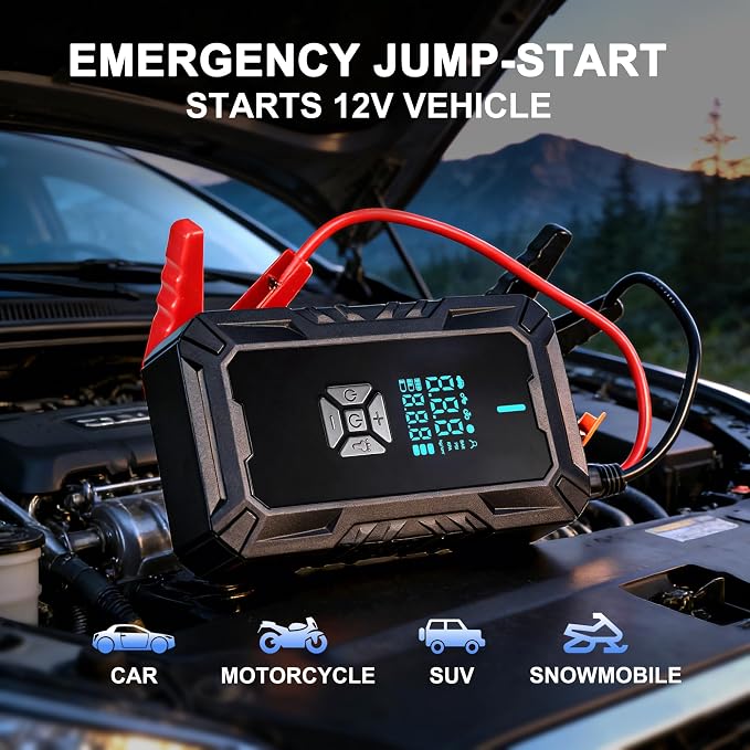 Car Battery Jump Starter with Air Compressor, Portable Jump Pack Fit for 1.5L-9L Gas & Diesel Vehicles (All 12V Batteries Car), Fast Tire Inflation Car Battery Booster Ideal for Men