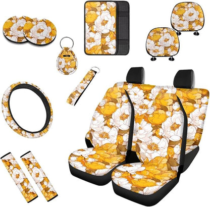 Peony Universal Car Seat Covers 13 Set, Yellow White Floral Contrast Color Car Accessories for Front Rear Seat Cover, Oil Painting Steering Wheel Cover Seat Belt Pads
