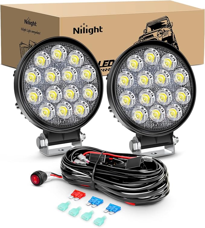 Nilight LED Pods 2Pcs 4.5Inch 42W 4200LM Round Flood Light Off Road Lights Fog Lights Driving Roof LED Light Bar Work Light with 16AWG Wiring Harness Kit-2 Leads