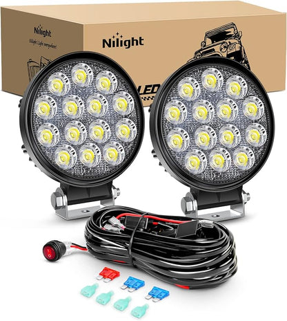 Nilight LED Pods 2Pcs 4.5Inch 42W 4200LM Round Flood Light Off Road Lights Fog Lights Driving Roof LED Light Bar Work Light with 16AWG Wiring Harness Kit-2 Leads