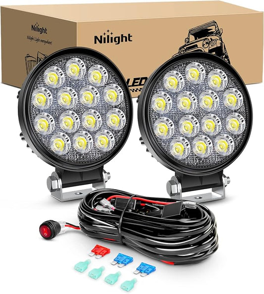 Nilight LED Pods 2Pcs 4.5Inch 42W 4200LM Round Flood Light Off Road Lights Fog Lights Driving Roof LED Light Bar Work Light with 16AWG Wiring Harness Kit-2 Leads