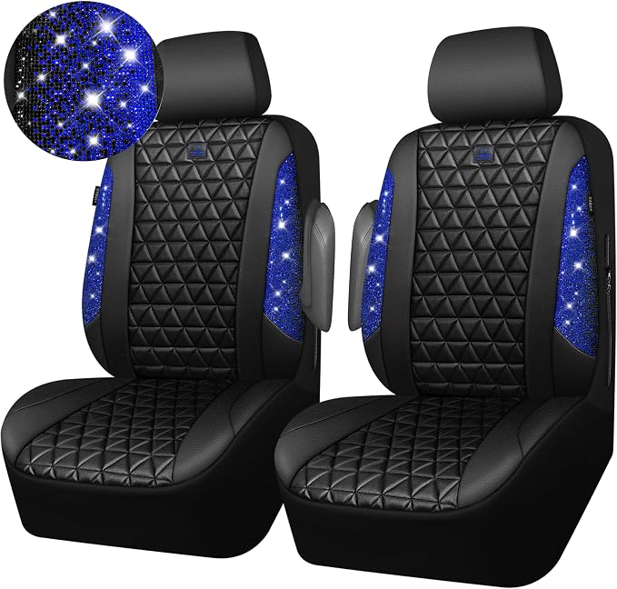 CAR PASS Bling Diamond Black Leather Car Seat Covers for 2 Front Interior Sets, Waterproof Shining Glitter Sparkly Crystal Universal Armrest Fit Automotive Truck SUV Cute Women Girl, Blue Rhinestone
