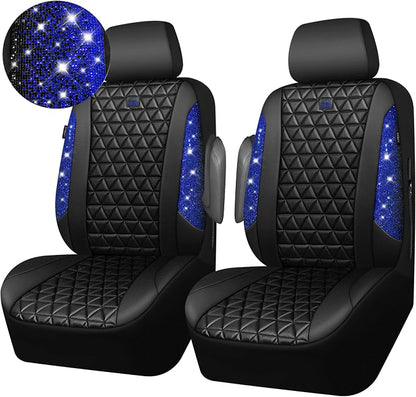 CAR PASS Bling Diamond Black Leather Car Seat Covers for 2 Front Interior Sets, Waterproof Shining Glitter Sparkly Crystal Universal Armrest Fit Automotive Truck SUV Cute Women Girl, Blue Rhinestone