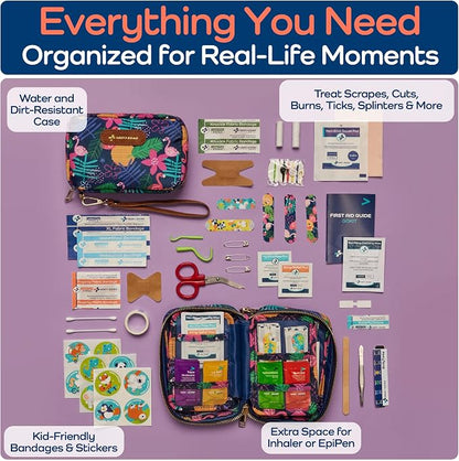 KeepGoing Travel First Aid Kit for Kids – 130 Pc. for Car, Home, Purse, Diaper Bag & Backpack with Latex-Free Bandages - Mini First Aid Kit Travel Size TSA-Approved