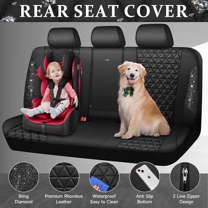 CAR PASS Bling Back Seat Cover, Waterproof Leather Bench Rear Seat Cover Shining Diamond Truck Glitter Crystal Sparkly Rhinestone Universal Fit Armrest Automotive Kid Women Girl, Black Diamond