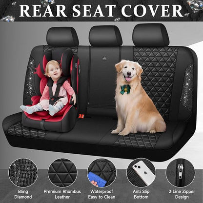 CAR PASS Bling Back Seat Cover, Waterproof Leather Bench Rear Seat Cover Shining Diamond Truck Glitter Crystal Sparkly Rhinestone Universal Fit Armrest Automotive Kid Women Girl, Black Diamond