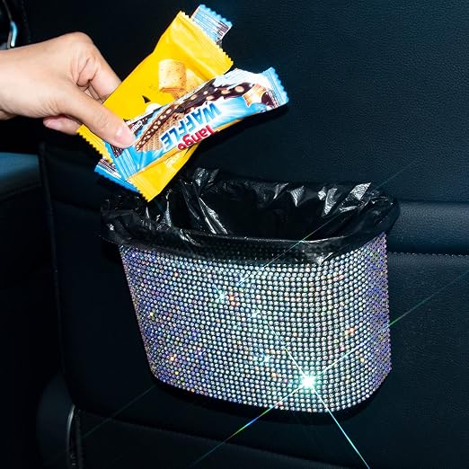 Cavalcade Car Trash Can, Hanging Trash Bin, Leakproof Garbage Organizer, Bling Vehicle Waste Basket, Mini Dustbin Container with Clip for Car, Office, Kitchen, Bedroom, Home and More, Multicolor
