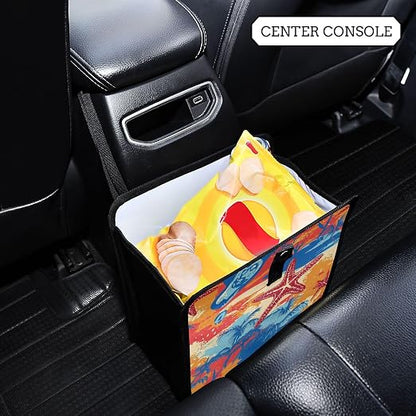 Car Trash Can Organizer Bin with Adjustable Strap for Back Front Seat Console Waterproof Leakproof Collapsible Portable 8.66 Inch Bright Summer Beach Starfish and Palm Tree
