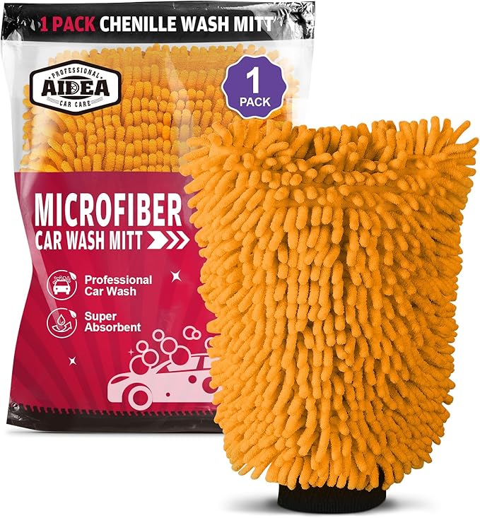 AIDEA Car Wash Mitt Microfiber, 1PK Scratch Free Lint-Free, Premium Chenille Microfiber Mitt Car Wash Brush, Orange, Regular Size 7.12''X10.14''