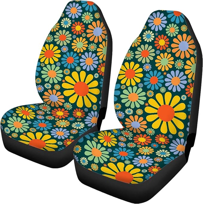 Colorful Hippie Flower Car Seat Covers Full Set,Abstract Tropical Floral Pattern Cute Vehicle Front Rear Bench Cushion Protectors Auto Interior Accessories Universal Fit for Trucks Sedans
