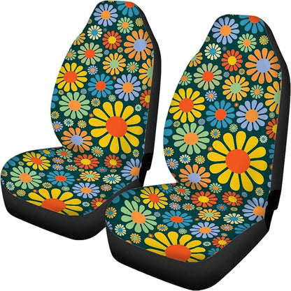 Colorful Hippie Flower Car Seat Covers Full Set,Abstract Tropical Floral Pattern Cute Vehicle Front Rear Bench Cushion Protectors Auto Interior Accessories Universal Fit for Trucks Sedans