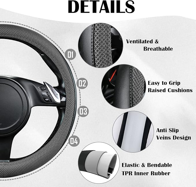 CAR PASS 3D Air Mesh Car Seat Covers Full Sets w/5mm Sponge, 4Pcs Waterproof Car Floor Mats, Steering Wheel Cover Universal Fit for SUV Sedan Truck, Airbag Compatible Automotive Interior(Black Gray)