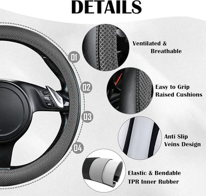 CAR PASS 3D Air Mesh Car Seat Covers Full Sets w/5mm Sponge, 4Pcs Waterproof Car Floor Mats, Steering Wheel Cover Universal Fit for SUV Sedan Truck, Airbag Compatible Automotive Interior(Black Gray)
