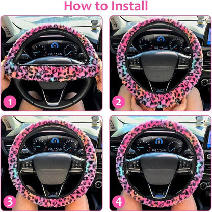 Accmor Fuzzy Car Steering Wheel Cover, Universal Fit Fluffy Auto Wheel Cover & Handbrake Cover & Gear Shift Cover Set, Leopard Print, Car Steering Wheel Cover Protector for Women Girls (Colorful)