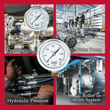 Winters 2-1/2" Dial Size, Liquid Filled Industrial Pressure Gauge, Brass Internals, 304 Stainless Steel Case, Single Scale 0-300 psi, 1.5% Acc, 1/4" NPT Bottom Mount, Glycerin Filled Pressure Gauge