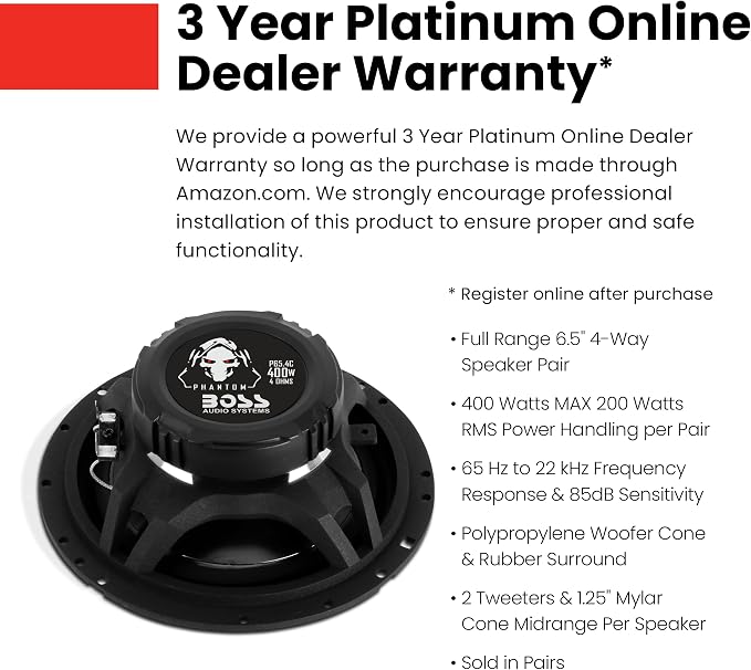 BOSS Audio Systems P65.4C Phantom Series 6.5 Car Door Speakers - 400 Watts Max, 4 Way, Full Range, Tweeters, Coaxial, Sold in Pairs