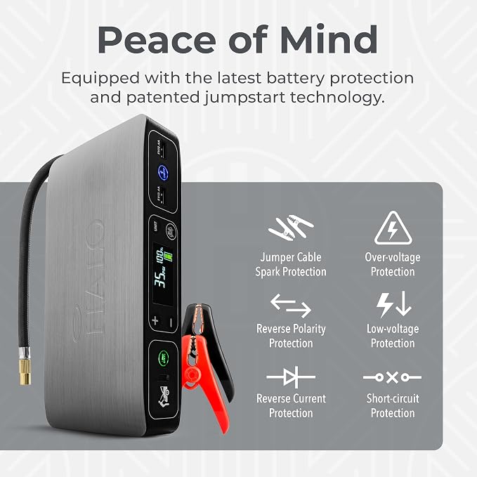 HALO Bolt Air 58830 Portable Car Battery Jump Starter | 100 PSI Air Compressor, 58.8Wh USB Power Bank, Emergency Floodlight & Charger, Jumps Cars SUVs & Trucks, Inflates Tires, TSA Approved — Gray