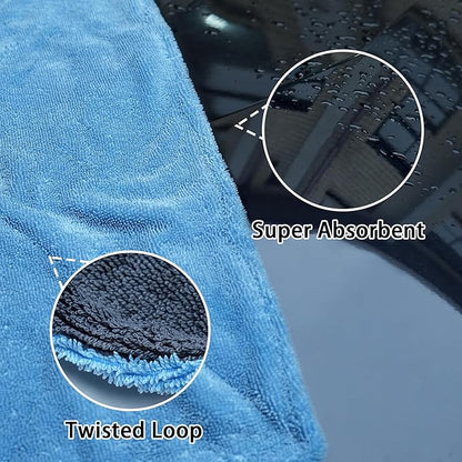 Greenfound 1000GSM Car Drying Towel 18"x24", Edgeless Double Twist Pile, Ultra Absorbent Microfiber Towel, Scratch-Free Lint-Free Streak-Free for Auto Detailing & Car Wash – Blue&Grey