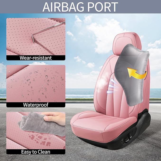 Cute Car Seat Covers,Pink Leather Seat Covers Front Seats,Waterproof Breathable Full Wrapping Edge Car Seat Cushion, Luxury Automotive Seat Protecor