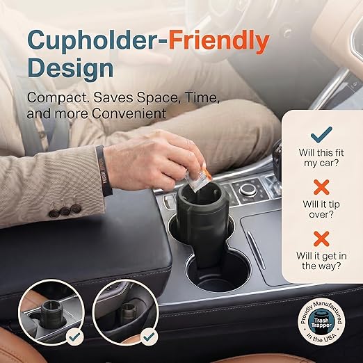 Trash Trapper Car Trash Can Cup Holder | Mini Car Trash Can | Fits in Most Doors | 5.1" x 2.9" | Traps More & Empties Less, Patent-Pending Compaction, Holds Weeks of Small Garbage, Black/Teal