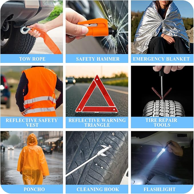 Car Emergency Roadside Assistance Kit with Jumper Cables Tire Inflator Automotive Kit for Car Vehicle（Orange）