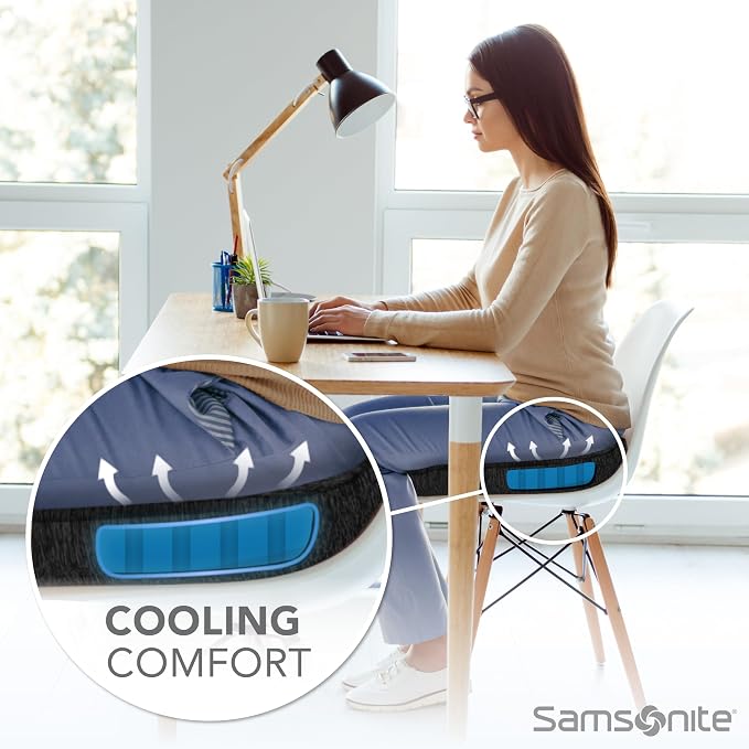 Samsonite Gel Infused Seat Cushion – Ergonomic Cushion for Office Chair, Tailbone Pressure Pad, Coccyx Support for Sciatica, Memory Foam Seat for Car, Desk, or Gaming Chair Use, Black