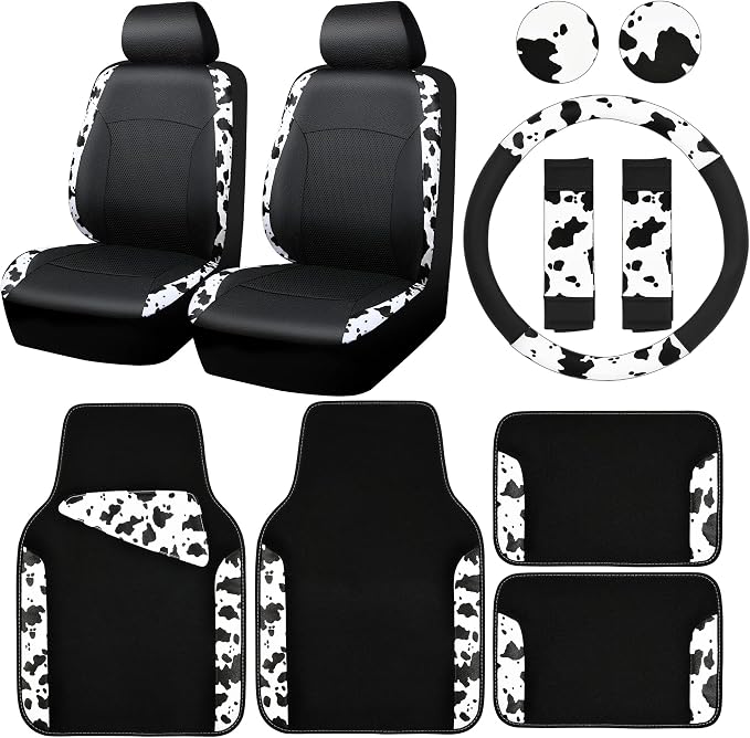 CAR-PASS Cow Print Car Accessories Sets Faux Leather Car Seat Covers & Cow Car Mats & Cow Steering Wheel Cover Seat Belt Pads Universal fit for SUV,Van,Saden,Truck Cute Automobile Interior Sets Women