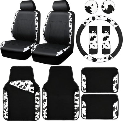 CAR-PASS Cow Print Car Accessories Sets Faux Leather Car Seat Covers & Cow Car Mats & Cow Steering Wheel Cover Seat Belt Pads Universal fit for SUV,Van,Saden,Truck Cute Automobile Interior Sets Women
