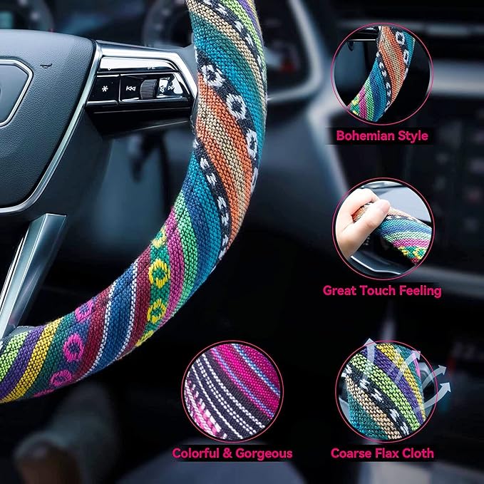 Boho Steering Wheel Cover Elastic Microfiber for Women, Universal Fit 15 inch Car SUV, Hippie Style Protector Cover, Anti-Slip, Breathable, Absorbing Sweat - 01