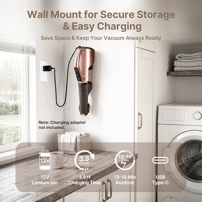 Shop-Vac S2 12V Handheld Vacuum Cordless, Rotatable Nozzle, Dual-Speed Powerful Portable Car Vacuum Rechargeable, Wall-Mounted Lightweight Hand Vacuum for Home & Car, LED, HEPA Filter, Champagne Gold
