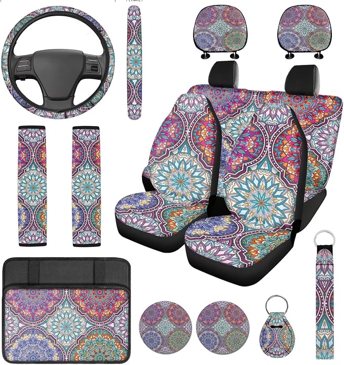 14 Pcs Art Mandala Car Seat Covers Full Set with Steering Wheel Cover,Seat Belt Covers Cup Holder Center Console with Keychain Universal Fit Interior Accessories for SUV Truck