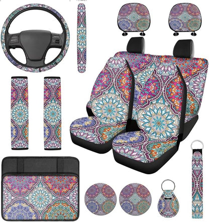 14 Pcs Art Mandala Car Seat Covers Full Set with Steering Wheel Cover,Seat Belt Covers Cup Holder Center Console with Keychain Universal Fit Interior Accessories for SUV Truck