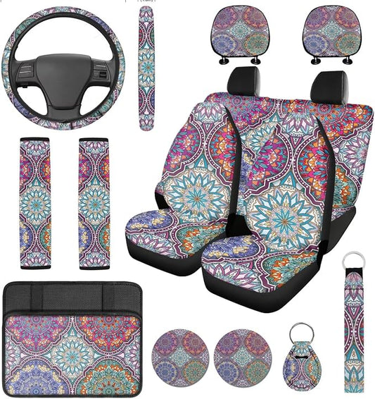 14 Pcs Art Mandala Car Seat Covers Full Set with Steering Wheel Cover,Seat Belt Covers Cup Holder Center Console with Keychain Universal Fit Interior Accessories for SUV Truck