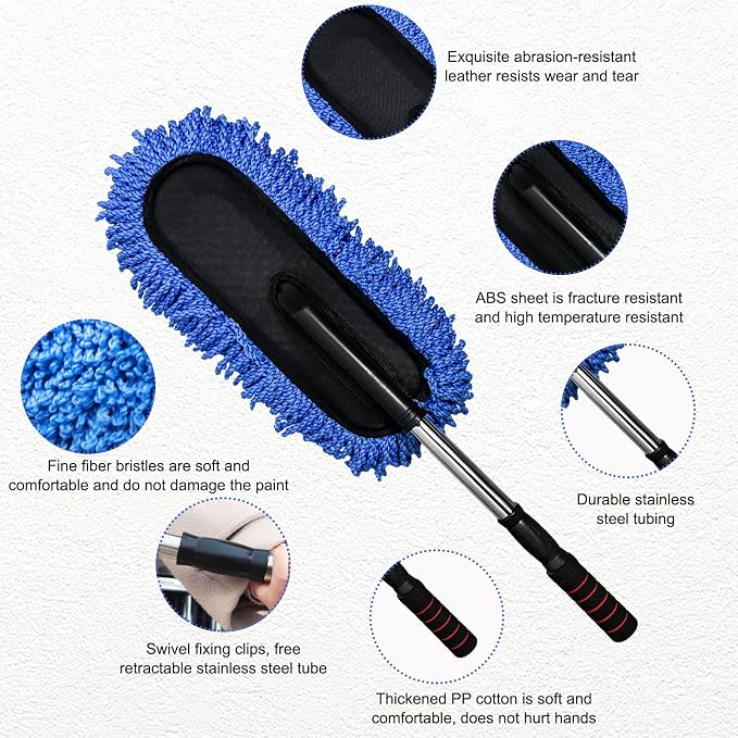 2 PCS Microfiber Car Duster, Scratch Free Auto Exterior Interior Large Dusting Cleaning Brush, Multipurpose Vehicle Dust Cleaner with Extendable Handle, Car Accessories (Blue)