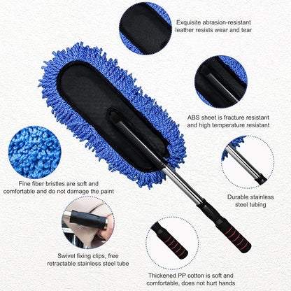 2 PCS Microfiber Car Duster, Scratch Free Auto Exterior Interior Large Dusting Cleaning Brush, Multipurpose Vehicle Dust Cleaner with Extendable Handle, Car Accessories (Blue)