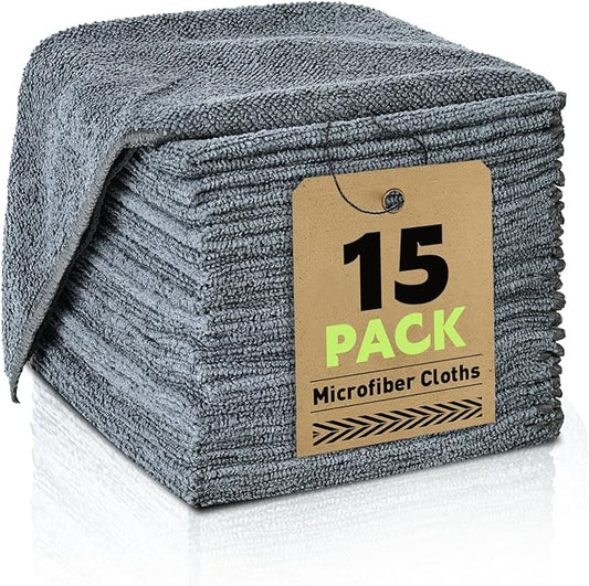 TEAWOO Microfiber Cleaning Cloths Bulk-15 Pack, Gray Microfiber Towels for Cars, Ultra Absorbent Microfiber Towel Weave Grime & Liquid for Streak-Free Mirror Shine - Car Washing Cloth, 12x12 inches