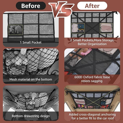 Extra Large Car Ceiling Cargo Net 43.3×27.5 Inch for SUV Minivan Truck Van,Roof Storage Organizer, Overhead Mesh Cargo Holder,Fits Most 4 Handle Vehicles for Road Trip Camping Travel